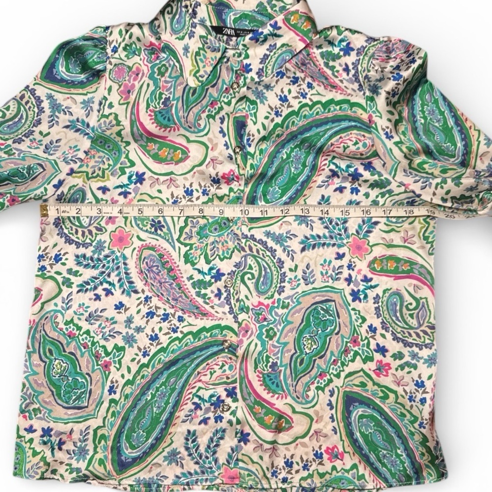 ZARA Paisley Print Satin Blouse Sz M Green Pink Boho Button Front - Picture 14 of 14